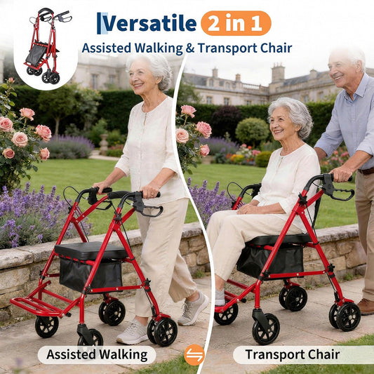 Garvee 2 in 1 Rollator Walker for Seniors with Seat, Foot Pedal, Lightweight Steel, Foldable, Adjustable Height, 6" Wheels, 299lb Capacity, Travel Friendly