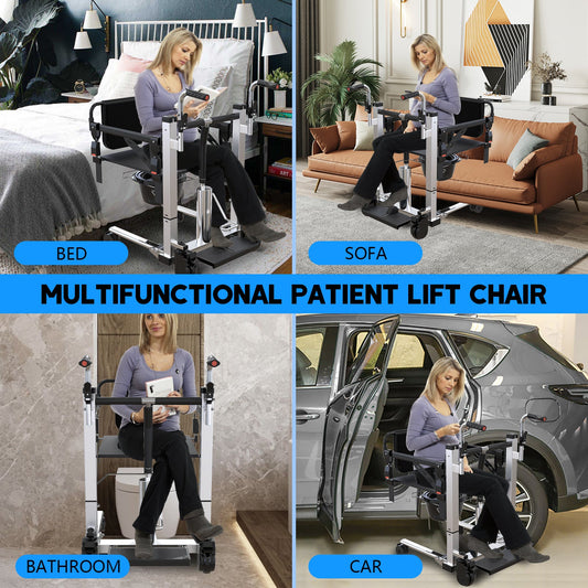 Garvee Hydraulic Patient Lift Transfer Chair, Portable Adjustable Height Wheelchair for Elderly, 180° Split Seat Hoyer Lift, Double Handle, 32.7"-44.5" Height, 330 lbs Capacity, Bathroom & Bedside Care